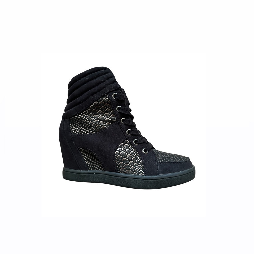 Call It Spring Black Gold Faux Suede Booties Hidden Wedge Hidden Heel - US 7